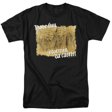 Black men's regular fit t-shirt with The Princess Bride Stormin Da Castle graphic