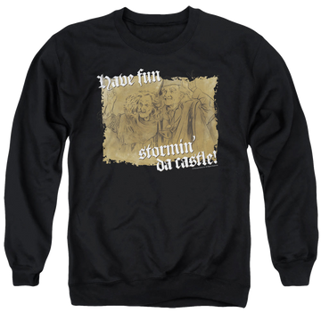 Black men's crewneck sweatshirt with The Princess Bride Stormin Da Castle graphic