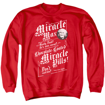 Red men's crewneck sweatshirt with The Princess Bride Miracle Max graphic