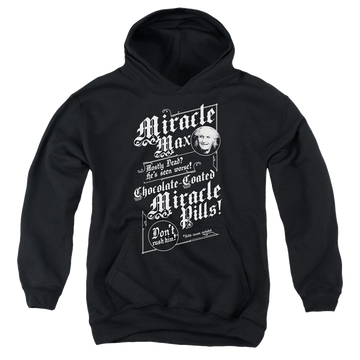 Black youth hoodie for ages 8 to 12 with The Princess Bride Miracle Max graphic