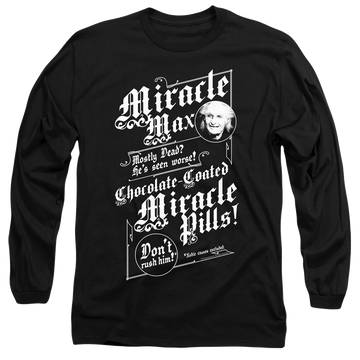 Black men's long sleeve t-shirt with The Princess Bride Miracle Max graphic