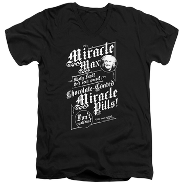 Black men's v-neck t-shirt with The Princess Bride Miracle Max graphic
