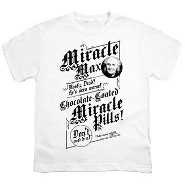 White youth t-shirt for ages 8 to 12 with The Princess Bride Miracle Max graphic