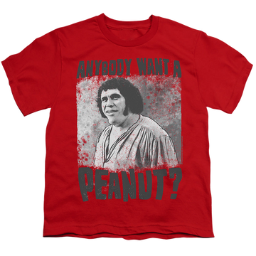 Red youth t-shirt for ages 8 to 12 with The Princess Bride A Giant Snack graphic