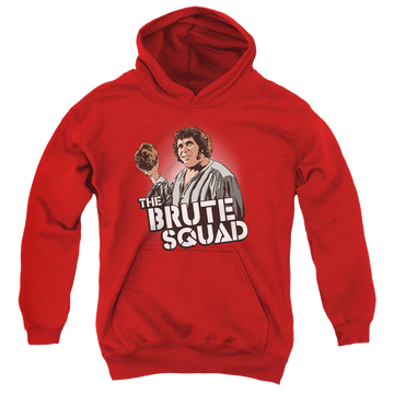 Red youth hoodie for ages 8 to 12 with The Princess Bride Brute Squad graphic