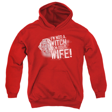 Red youth hoodie for ages 8 to 12 with The Princess Bride Not A Witch graphic