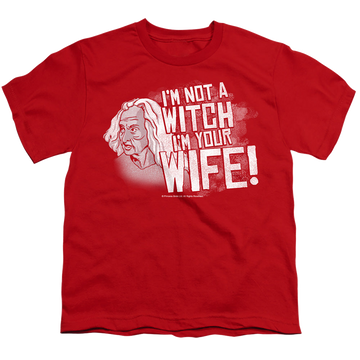 Red youth t-shirt for ages 8 to 12 with The Princess Bride Not A Witch graphic
