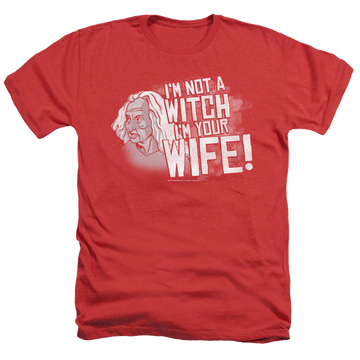 Red men's heather t-shirt with The Princess Bride Not A Witch graphic