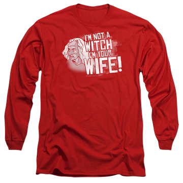 Red men's long sleeve t-shirt with The Princess Bride Not A Witch graphic