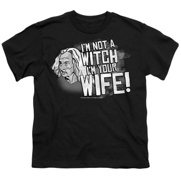 Black youth t-shirt for ages 8 to 12 with The Princess Bride Not A Witch graphic