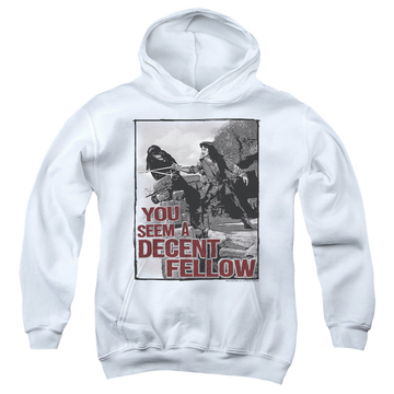 White youth hoodie for ages 8 to 12 with The Princess Bride Fellow graphic