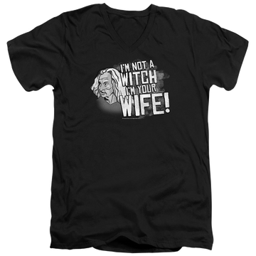 Black men's v-neck t-shirt with The Princess Bride Not A Witch graphic