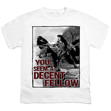 White kid's t-shirt for ages 4 to 7 with The Princess Bride Fellow graphic
