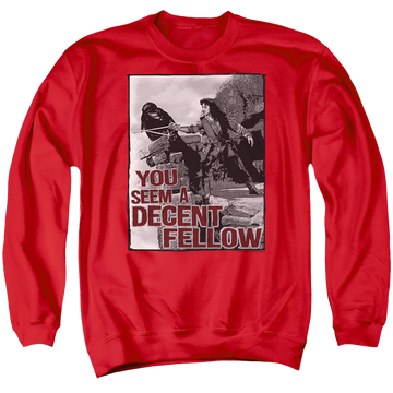 Red men's crewneck sweatshirt with The Princess Bride Fellow graphic