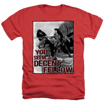 Red men's heather t-shirt with The Princess Bride Fellow graphic