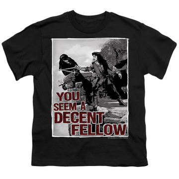 Black youth t-shirt for ages 8 to 12 with The Princess Bride Fellow graphic