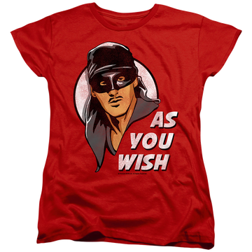 Red women's t-shirt with The Princess Bride As You Wish graphic