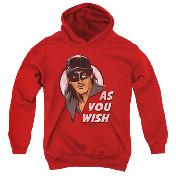 Red youth hoodie for ages 8 to 12 with The Princess Bride As You Wish graphic