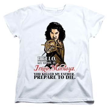 White women's t-shirt with The Princess Bride Hello graphic