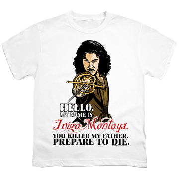 White youth t-shirt for ages 8 to 12 with The Princess Bride Hello graphic