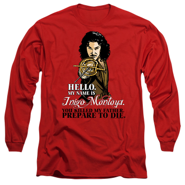 Red men's long sleeve t-shirt with The Princess Bride Hello graphic