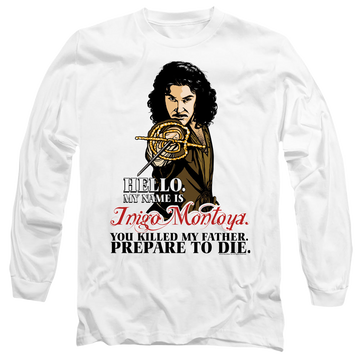 White men's long sleeve t-shirt with The Princess Bride Hello graphic