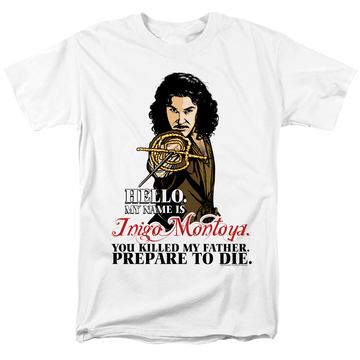 White men's regular fit t-shirt with The Princess Bride Hello graphic