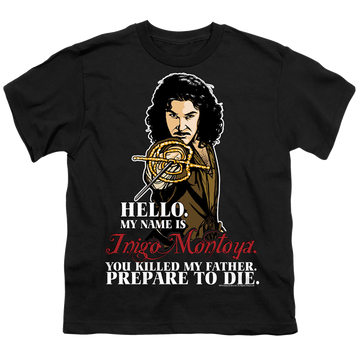 Black youth t-shirt for ages 8 to 12 with The Princess Bride Hello graphic