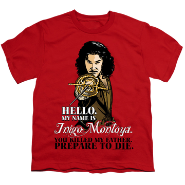 Red youth t-shirt for ages 8 to 12 with The Princess Bride Hello graphic