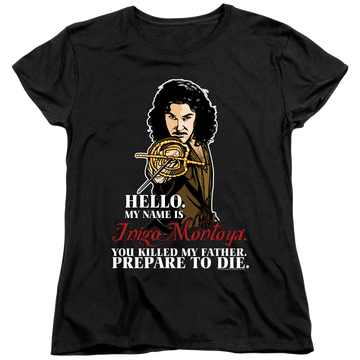 Black women's t-shirt with The Princess Bride Hello graphic