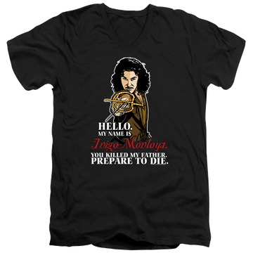 Black men's v-neck t-shirt with The Princess Bride Hello graphic