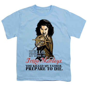 Light blue youth t-shirt for ages 8 to 12 with The Princess Bride Hello graphic