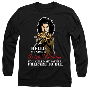 Black men's long sleeve t-shirt with The Princess Bride Hello graphic