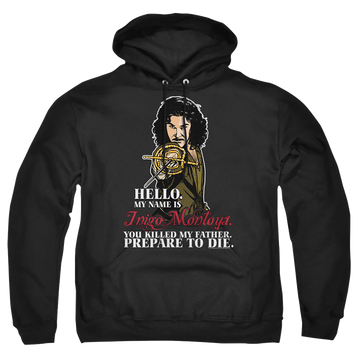Black pullover hoodie with The Princess Bride Hello graphic