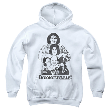 White youth hoodie for ages 8 to 12 with The Princess Bride Inconceivable graphic