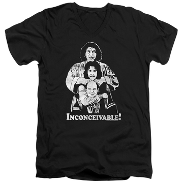 Black men's v-neck t-shirt with The Princess Bride Inconceivable graphic