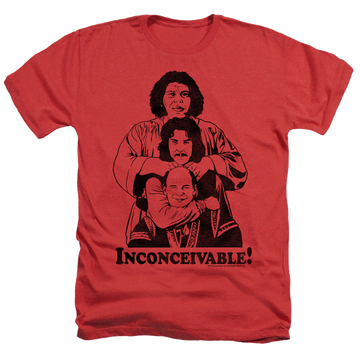 Red men's heather t-shirt with The Princess Bride Inconceivable graphic