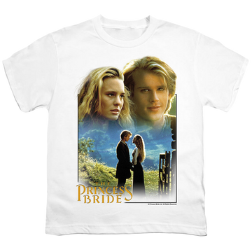 White youth t-shirt for ages 8 to 12 with The Princess Bride Buttercup & Westley graphic