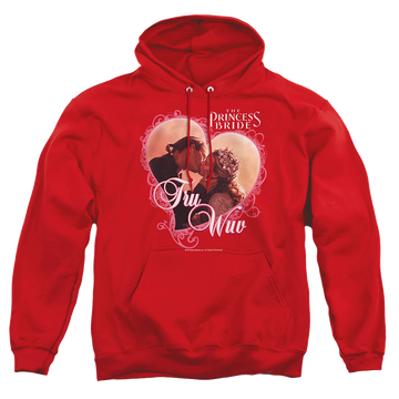 Red pullover hoodie with The Princess Bride Tru Wuv graphic