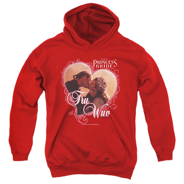 Red youth hoodie for ages 8 to 12 with The Princess Bride Tru Wuv graphic