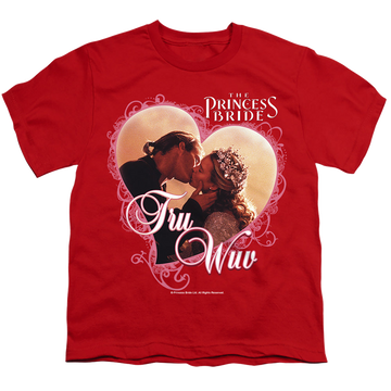 Red youth t-shirt for ages 8 to 12 with The Princess Bride Tru Wuv graphic