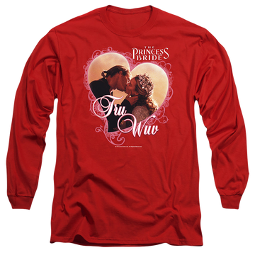 Red men's long sleeve t-shirt with The Princess Bride Tru Wuv graphic