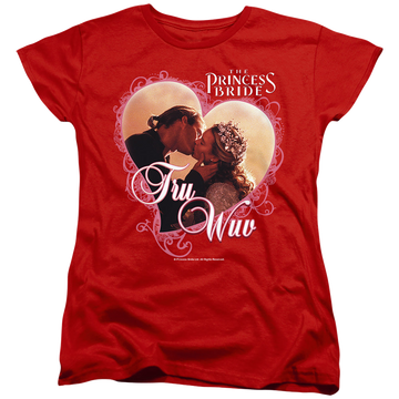 Red women's t-shirt with The Princess Bride Tru Wuv graphic