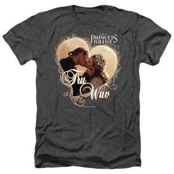 Black men's heather t-shirt with The Princess Bride Tru Wuv graphic