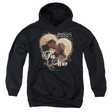 Black youth hoodie for ages 8 to 12 with The Princess Bride Tru Wuv graphic