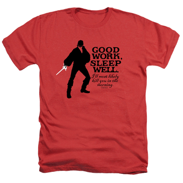 Red men's heather t-shirt with The Princess Bride Good Work graphic