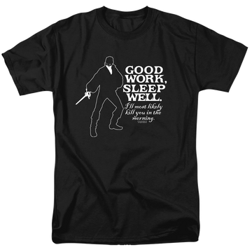 Black men's regular fit t-shirt with The Princess Bride Good Work graphic