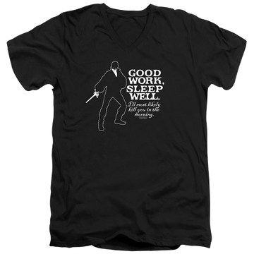 Black men's v-neck t-shirt with The Princess Bride Good Work graphic