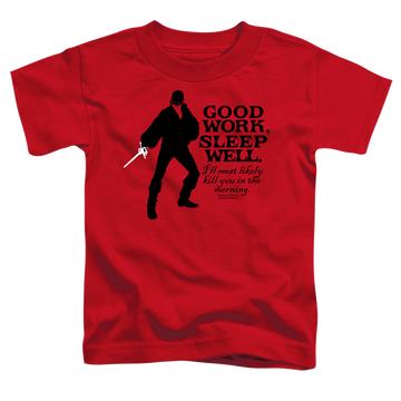 Red kid's t-shirt for ages 4 to 7 with The Princess Bride Good Work graphic