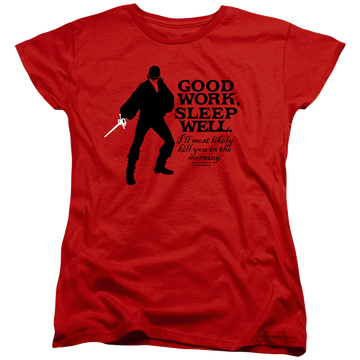 Red women's t-shirt with The Princess Bride Good Work graphic
